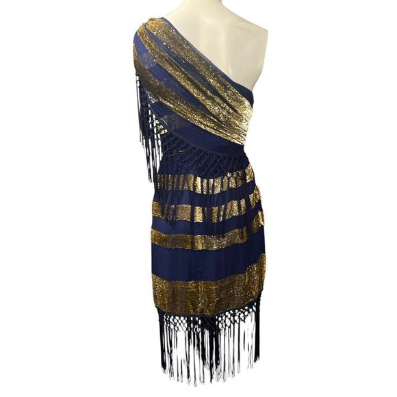 Alice McCall Dress 4 Akima Blue Gold Silk Fringe One Shoulder Party Cocktail - Picture 4 of 8